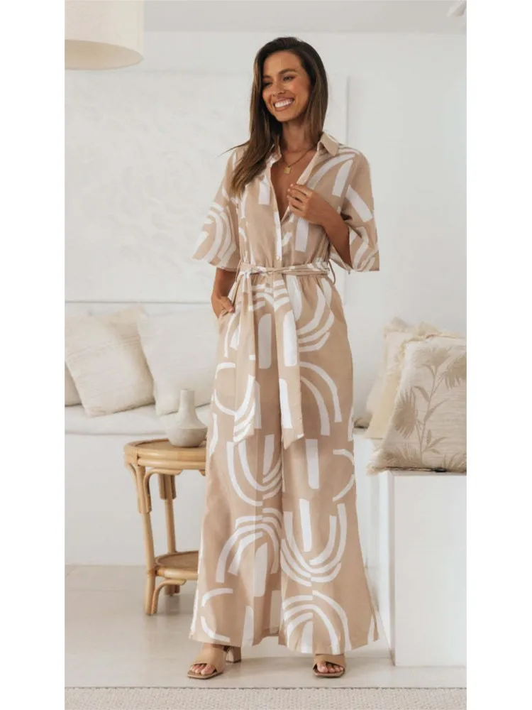 

Autumn Casual Jumpsuits Woman's Fashion Flip Collar Half Sleeves Lace-up Pants Ladies Office One Piece Trousers Ropa Mujer