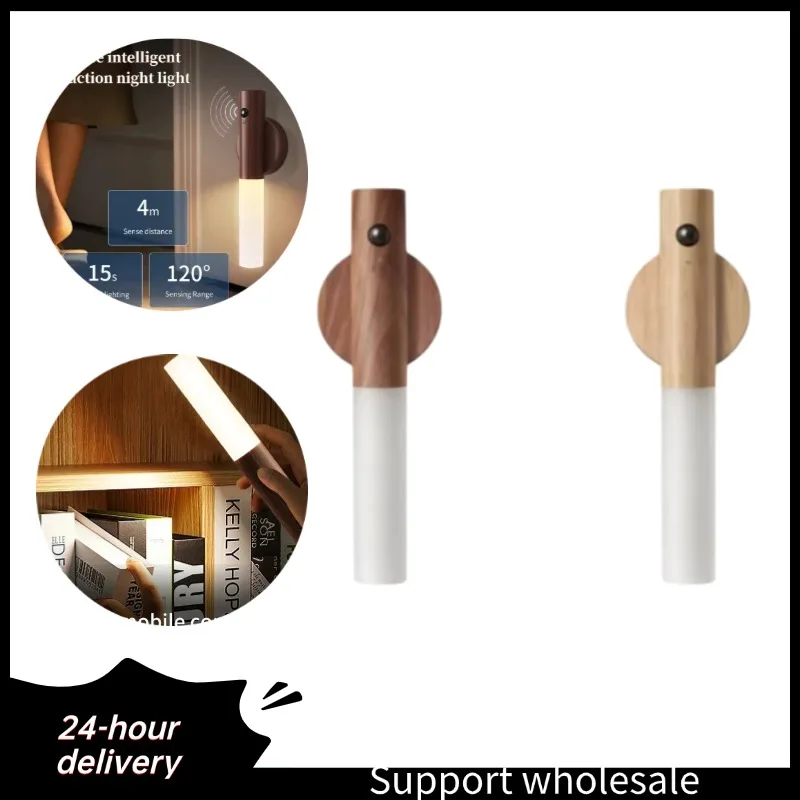 Luz noturna portátil com sensor de movimento, luz de parede de madeira interna, recarregável, magnética, led, iluminação noturna para quarto