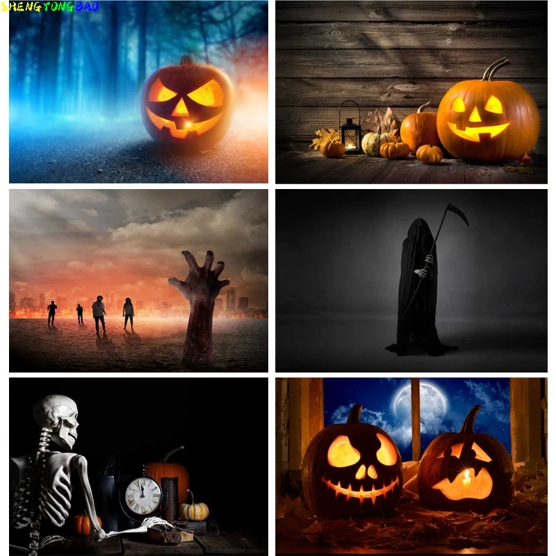 

Halloween Backdrop Pumpkin Lantern Forest Moon Tombstone Photo Background For Photography Studio Props 2189 XTXT-01