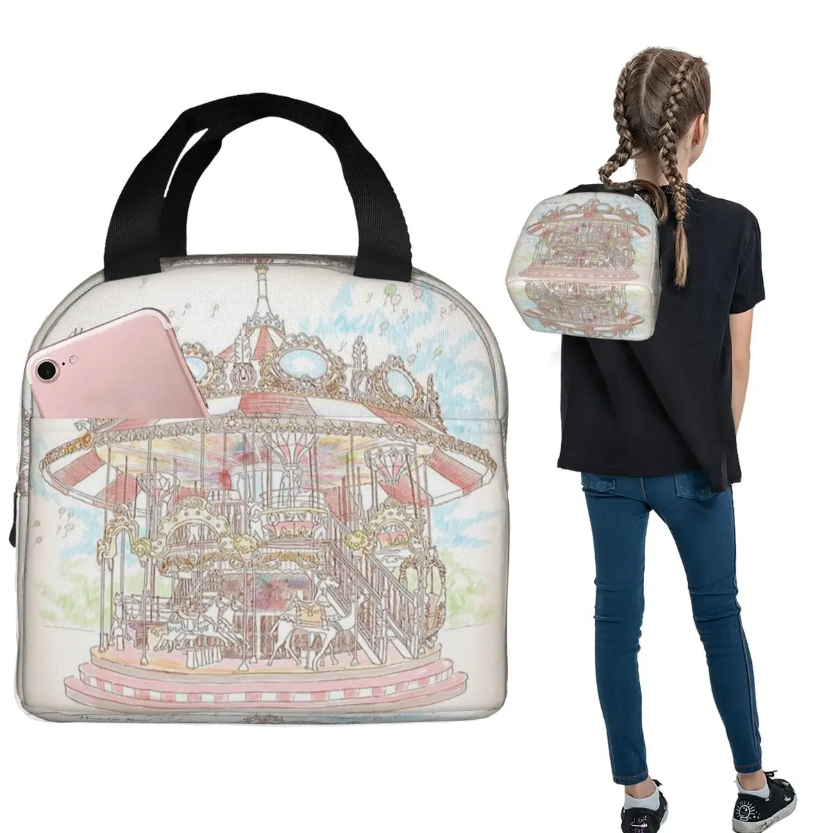 Pastel Circus Carousel Insulated Lunch Bag for Women Children Portable Food Boxes Thermal Lunch Box Tote