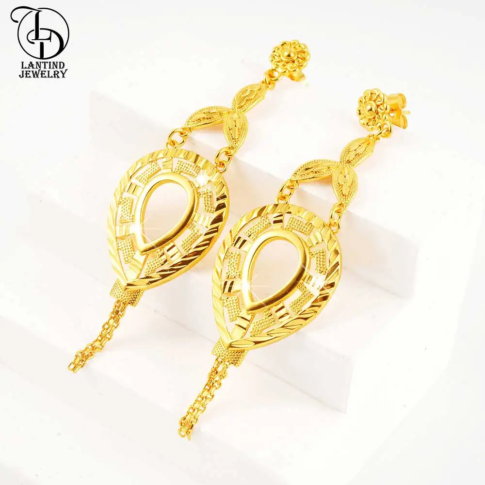 Be00020 Elegant Women's New Inverted Water Drop Shape Earrings 24K Gold Plated Light Luxury Women's Ethiopian Wedding Jewelry Tassel Copper Earrings Casual Style