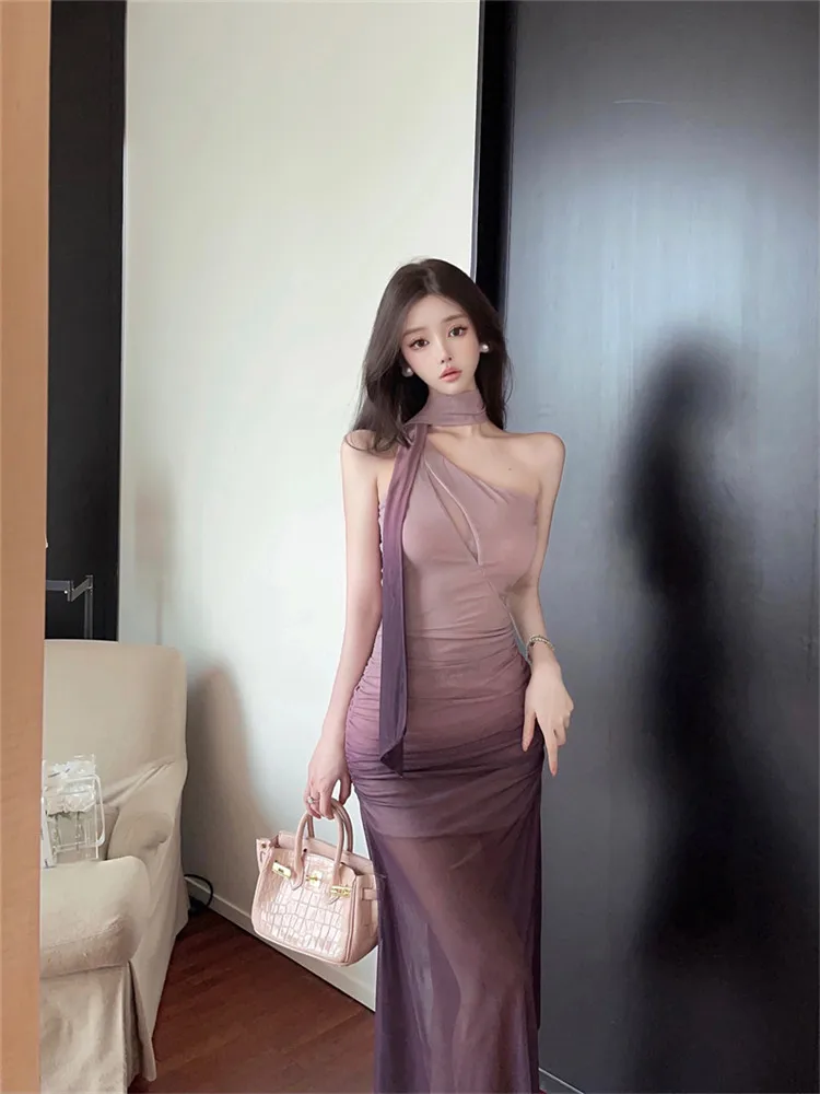 夏オンショルダーストラップレスメッシュシアーロングパーティードレススパイシーガールファッションホリデー不規則なホルターボディコンミディドレスローブ