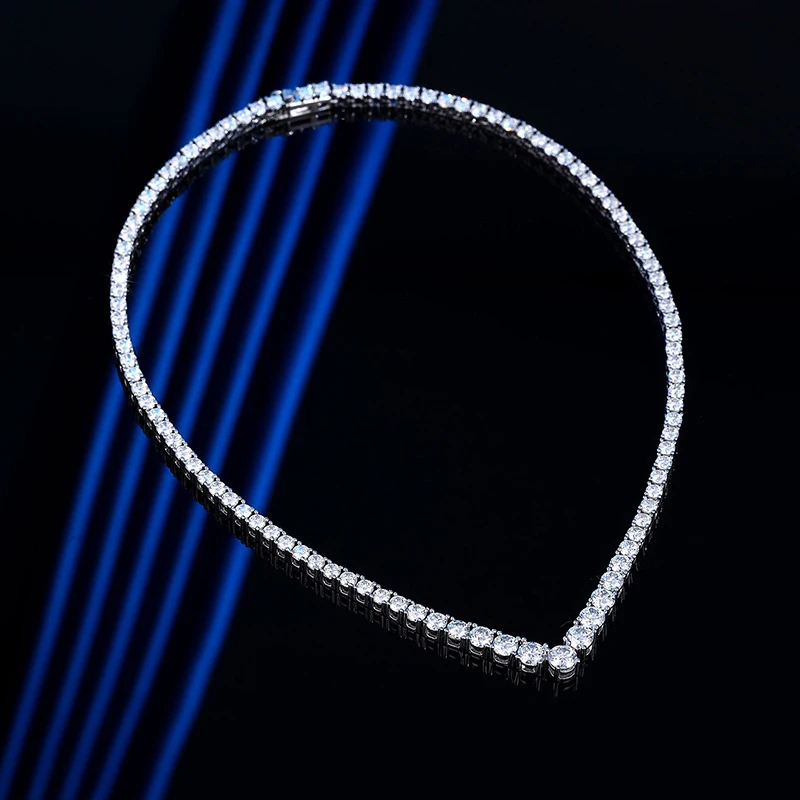 Tezzc Full Moissanite Tennis Diamond Necklace for Women V Style Wedding Party Neckchain 925 Sterling Silver New Design Jewelry