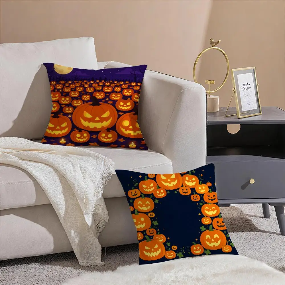 Halloween Pumpkin Lantern Array Cushion Cover Pillowcase Short Plush Invisible zipper Room Sofa Cushion Cover