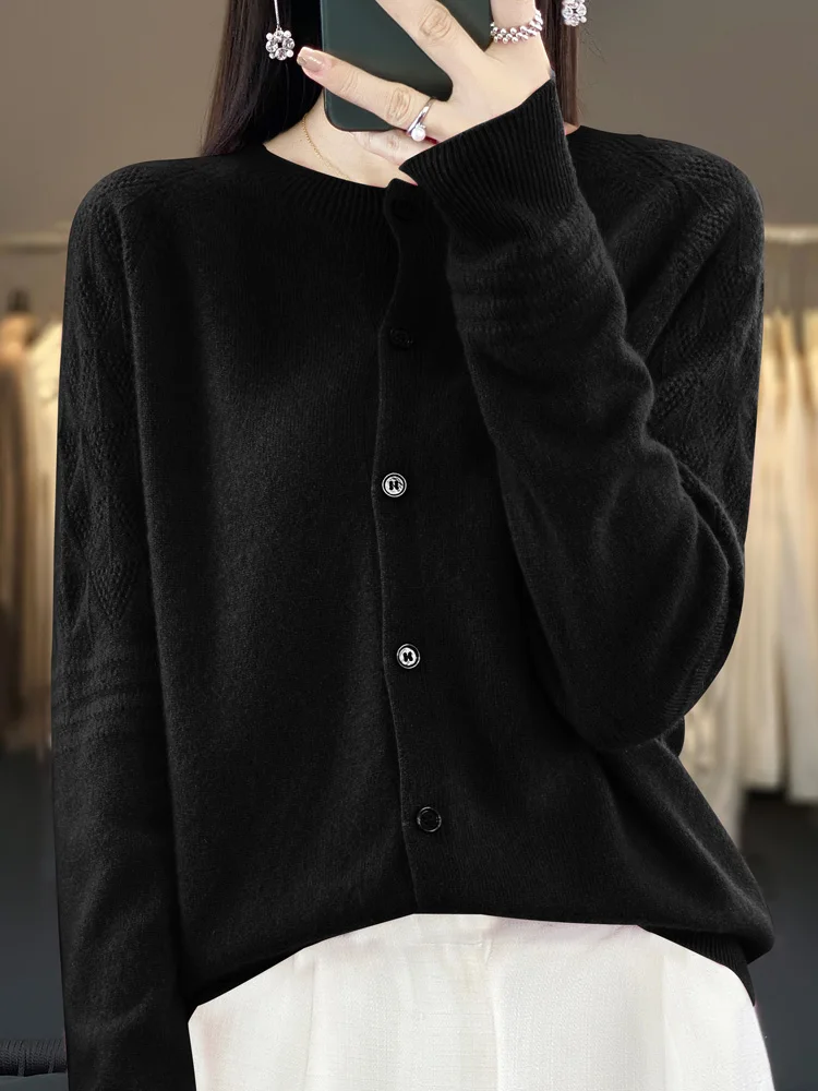 New Chic 2024  Spring Autumn Women Sweater 100% Merino Wool Long Sleeve O-Neck Cardigan Twist Flower Knitwear Women Clothing