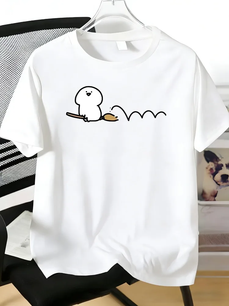 Summer Mens Loose Tee Minimal Hand Drawn Bird Sweeping Wave Pattern Soft Blue Round Neck Short Sleeve Street Daily Wear Top