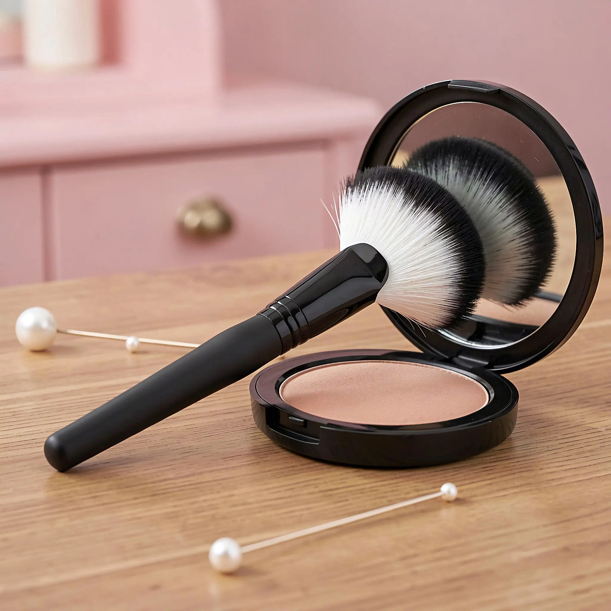 2Pcs Fan Makeup Brush Set Soft Synthetic Bristles Powder Concealer Highlighting Brush Portable Face Tool