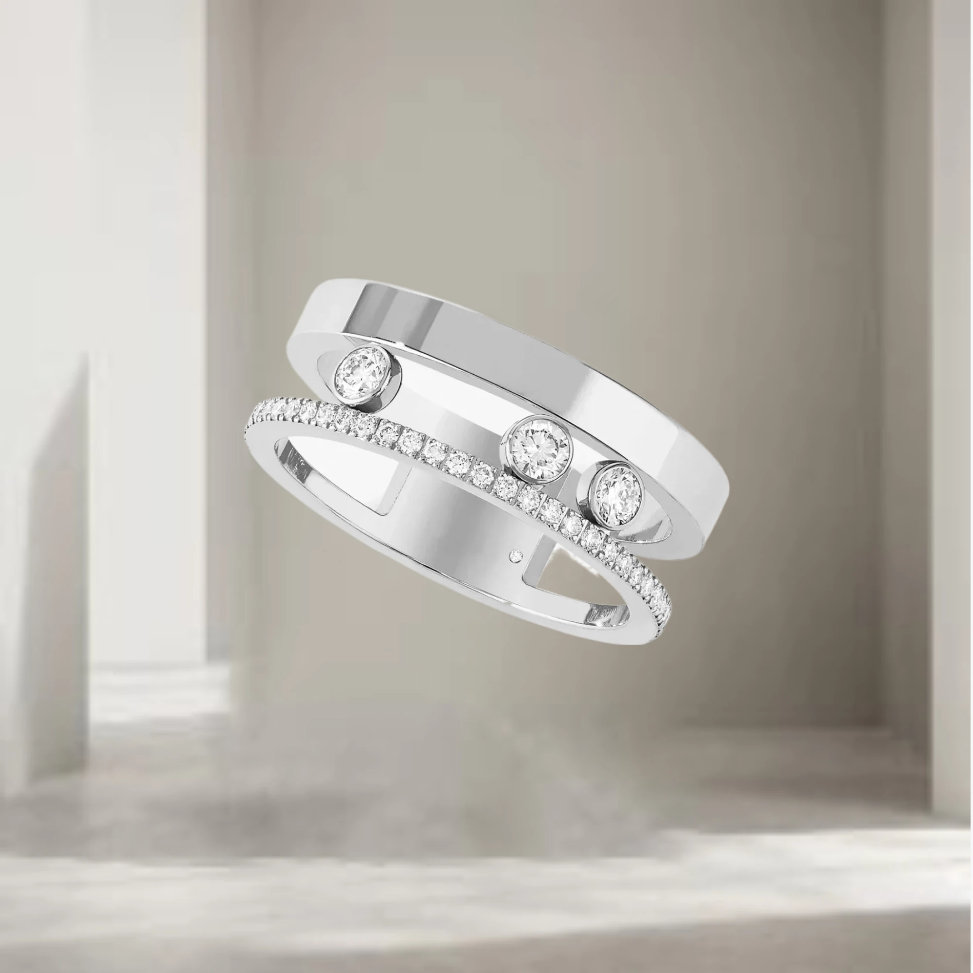 

925 Sterling Silver Luxury Jewelry Three Diamond Women's Ring Wedding Ring. Moving Diamonds.