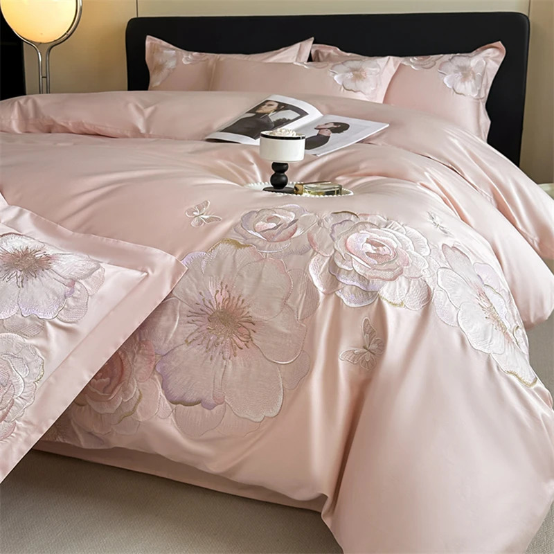 Pink Blue Purple Luxury Blooming Flowers Embroidery Bedding Set 100% Cotton Duvet Cover Set Flat/Fitted Sheet Pillowcases 4Pcs