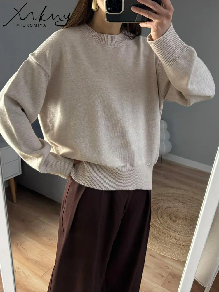 MiuKoMiYa Damski Zimowy Sweter Oversize Bordowy Dekolt Okrągły Vintage Luźne Swetry Świąteczne Eleganckie Bluzki Damskie — zdjęcie 3
