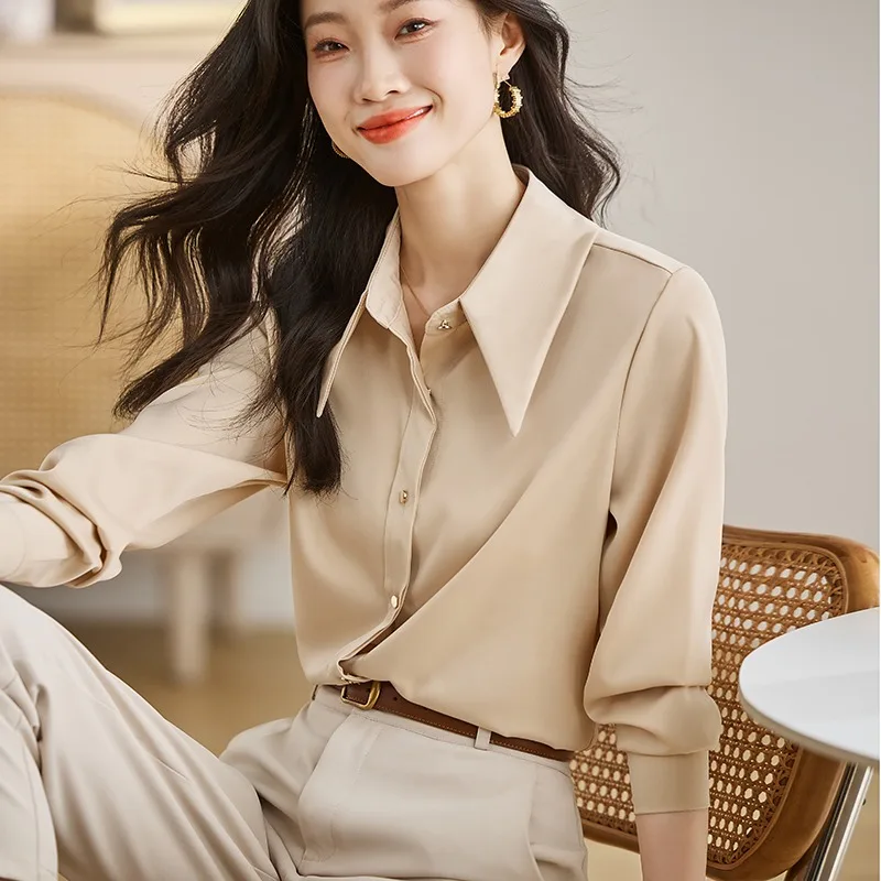 

Винтажные женские блузки, однотонные рубашки, модная свободная летняя корейская одежда, атласные женские топы с отложным воротником и длинными рукавами