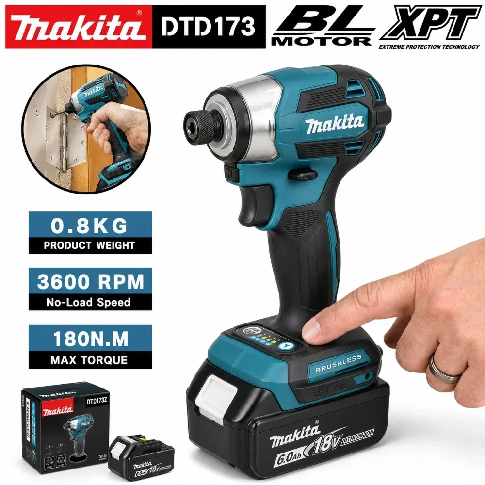 2026 Rechargeable Screwdriver Drill Makita DTD173 18V 6.0Ah Battery Brushless Impact Driver Cordless Tool