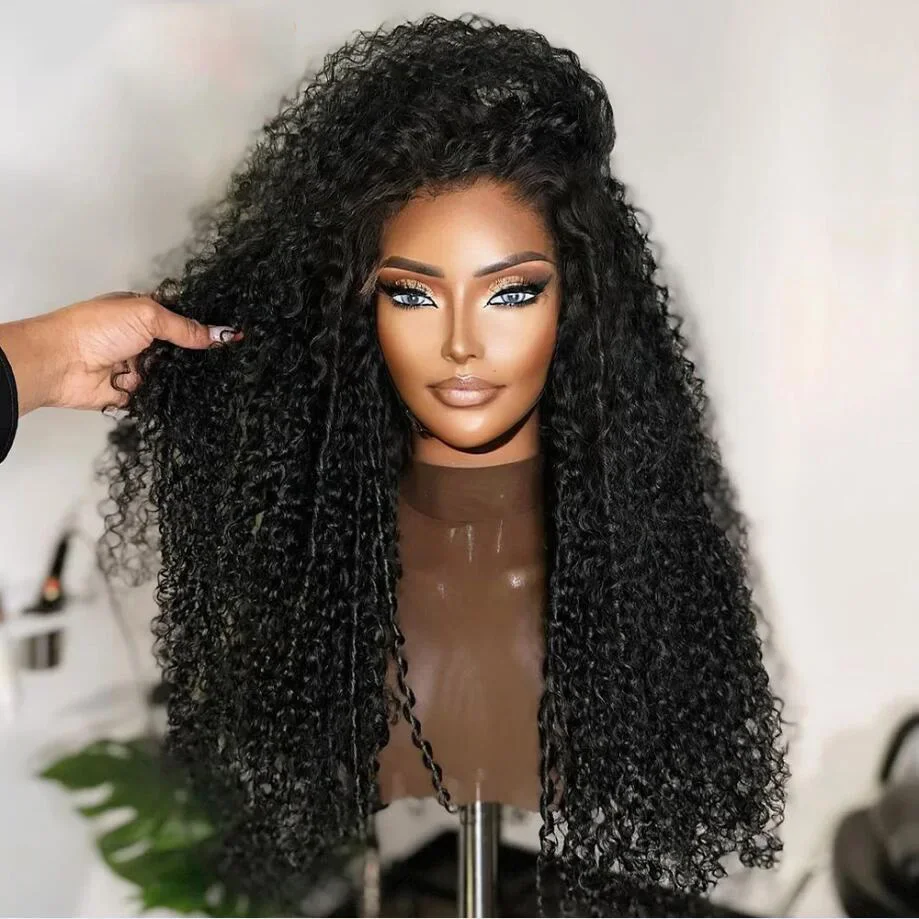 Glueless Deep Part Long Soft 180 Density PrePlucked Black 26 inch Kinky Curly Lace Front Wigs For African Women Babyhair Daily