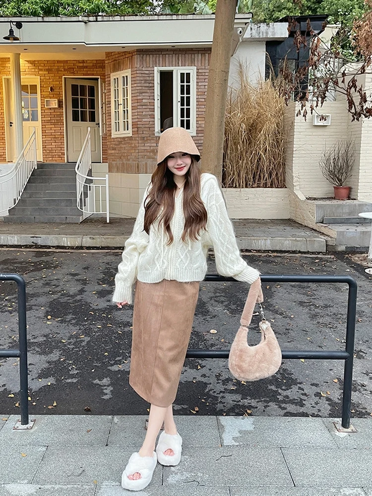 

Ретро-юбка миди из замши с высокой талией для женщин, осенне-зимняя, приталенная, с разрезом спереди, прямого кроя, из полиэфирного волокна