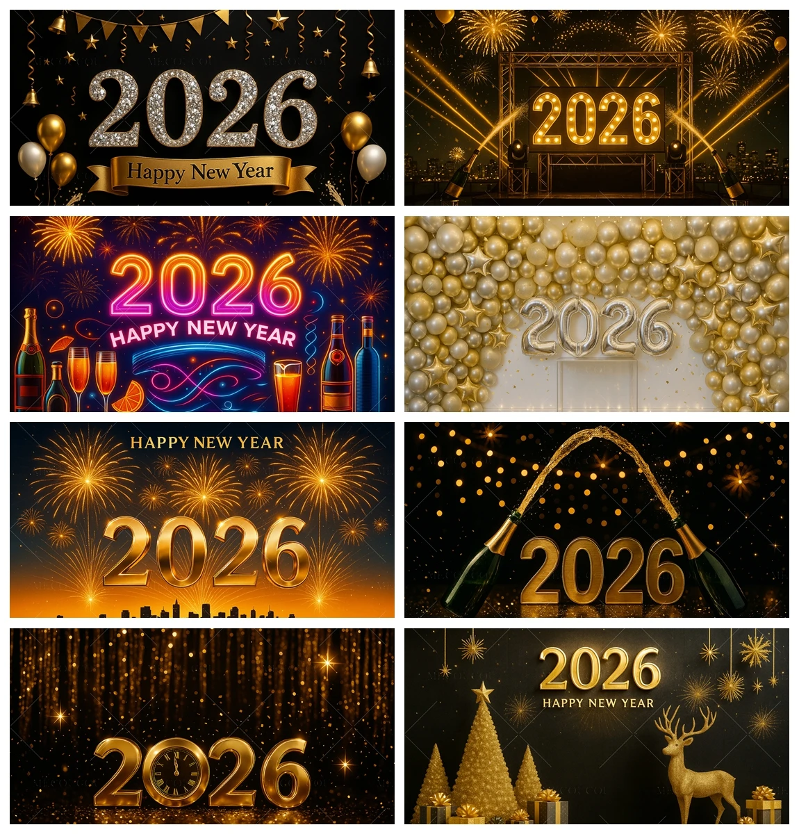 

2026 New Year Theme Photography Background Banner Neon Flowers Champagne Balloons Retro Art Style Decorative Photography Props