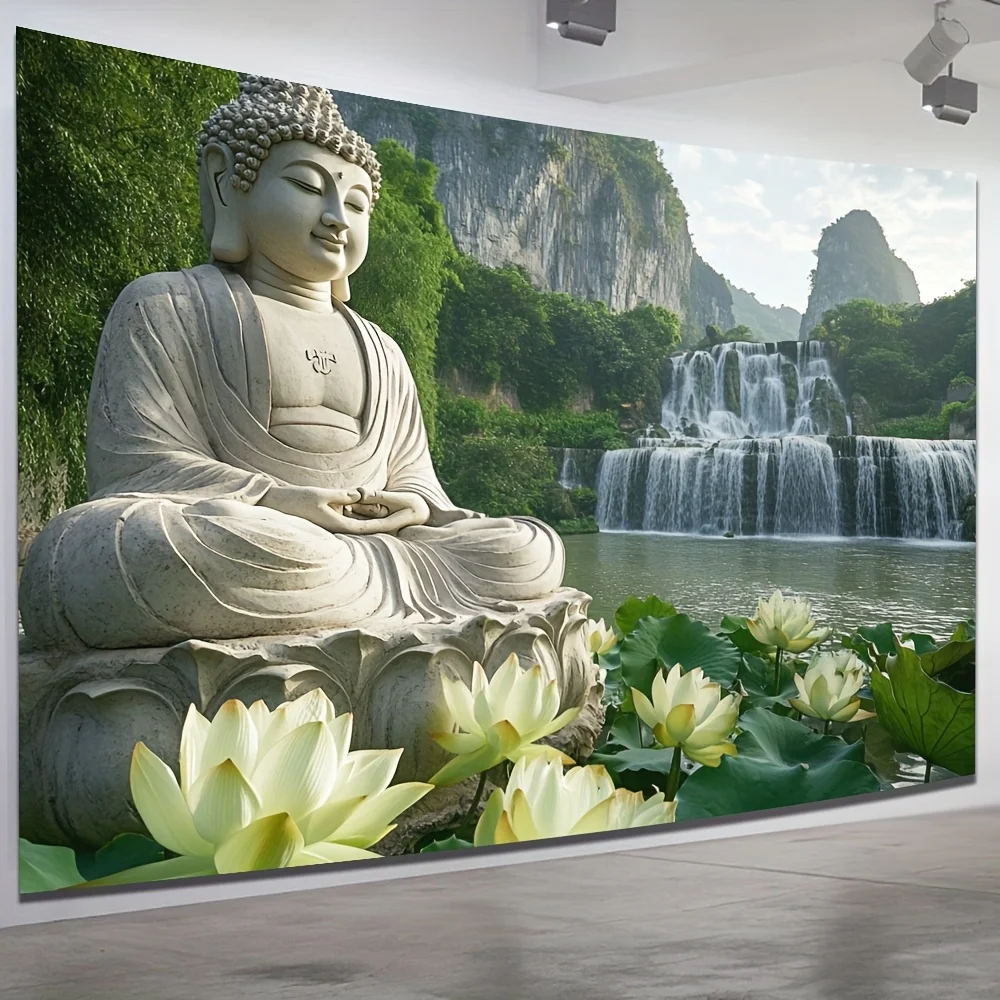 Serene Buddha with Waterfall and Lotus Tapestry - Perfect for Adding Peaceful and Spiritual Style to Any Room Decor,for Home Use