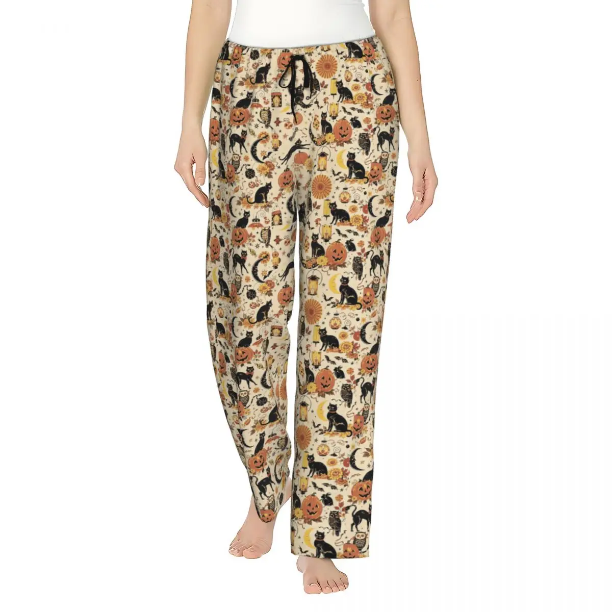Lady's Pajama Pants Halloween Black Cats Loungewear pants with Pockets Autumn Pumpkin Sleep Bottoms Dorm