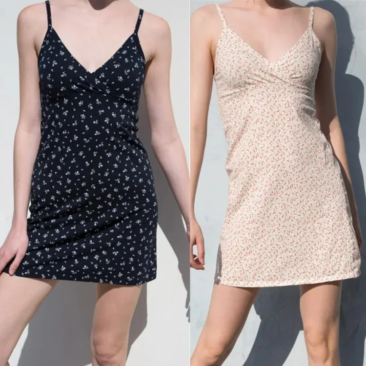 

Floral Print Slim Fit V-Neck Dress Summer 2020 Women's Retro BM Style Gown High Waist A-Line Skirt Cotton Short Dress