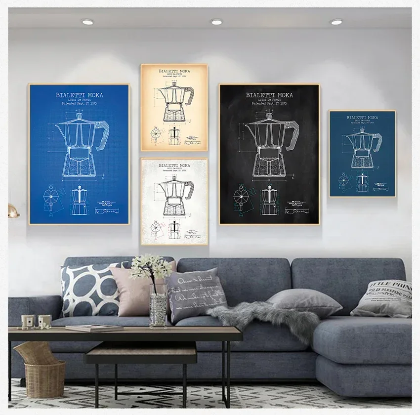 Poster Coffee Blueprint Art Picture Canvas Painting Kitchen Wall Art Decor Coffee Pot Patent Posters And Prints Bialetti Moka