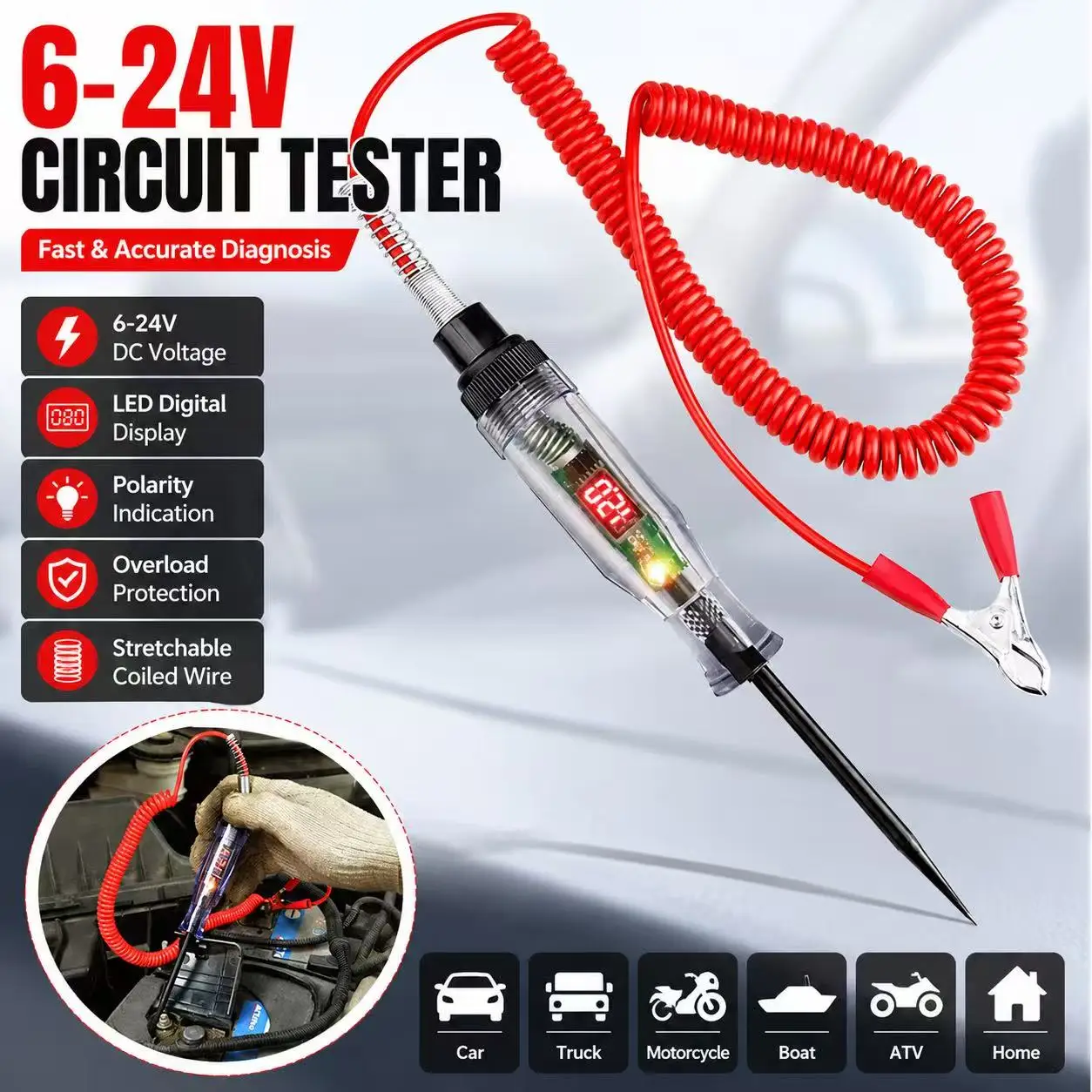 Auto 6-24 V DC Car Truck Voltage Circuit Tester Car Test Long Probe Pen Light Bulb Automobile Car Test Polarity Pen Tools