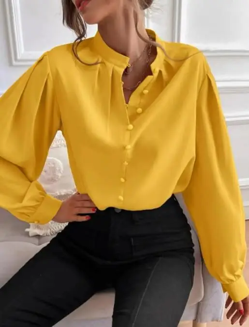 2025 primavera nova elegante gola de cor sólida manga longa única linha botão solto camisa superior feminina para mulher