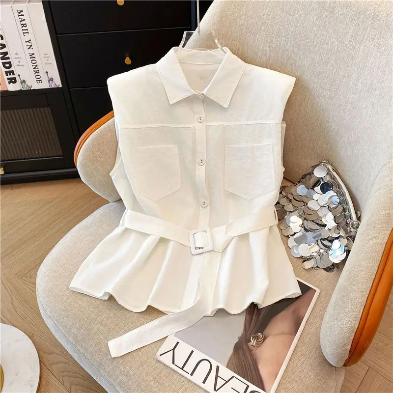 White Svel irt Design estivo da donna Senso Cintura in vita unica Top dimagrante Colletto coreano Sle Vestibilità regolare Polyes...