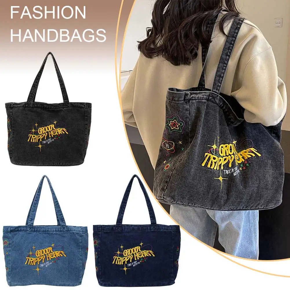 Denim Fashion Handbag Large Capacity Embroidered Travel Shopper Retro Canvas Bag Aesthetic Hobo Bag for Women and Girls