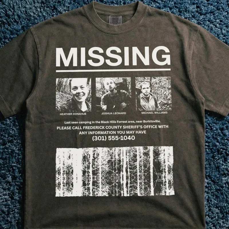 Witch Missing Poster T-Shirt, Retro 90s Horror Movie Graphic Tee Film Shirt Men's Women Tops Tee Streetwear Casual Trendy Loose