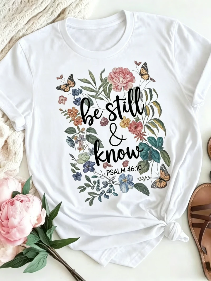 Be Still and Know Psalm 46:10 Graphic T-Shirt - Christian Floral Bible Verse Top,Short Sleeve for Casual Daily & Worship Wear