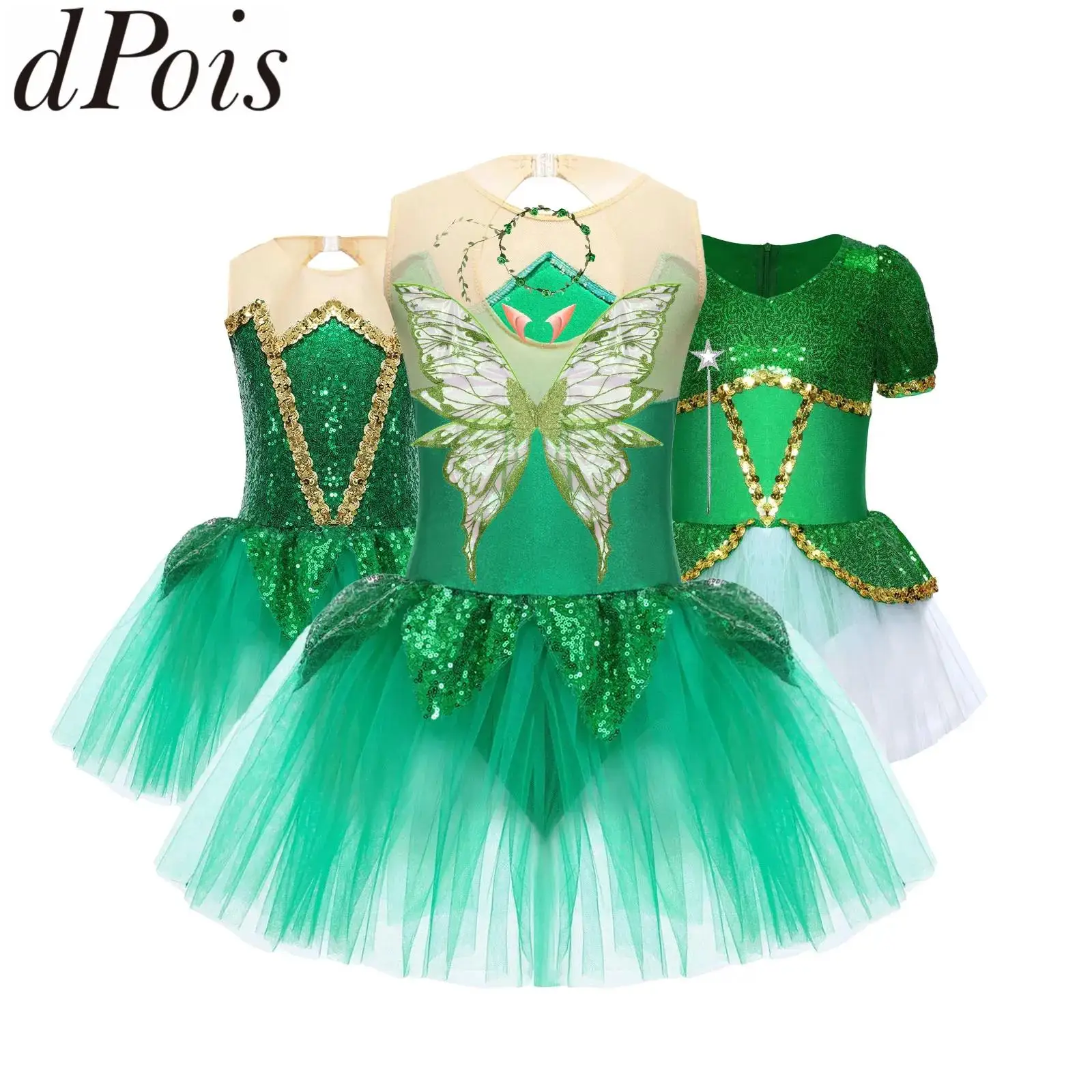 

Kids Girls Sparkly Forest Elf Costumes Halloween Mesh Tutu Ballet Dance Dress with Butterfly Wings Elf Ears Fairy Stick Garland