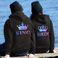 Couples winter king and queen fashion casual sports loose printed fleece warm long sleeve pocket hoodie