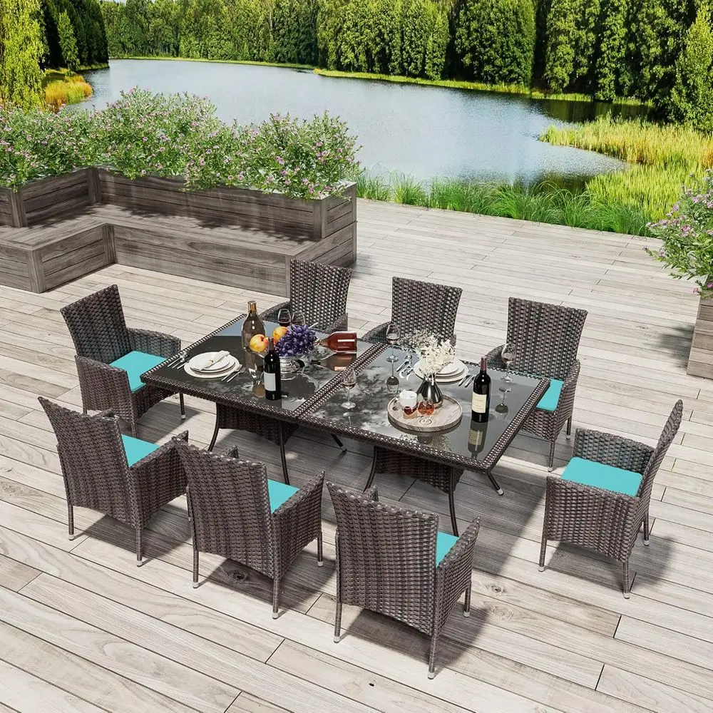 Outdoor Patio Dining Set: 10-Piece Rattan Furniture with 2 Square Glass Tops, 8 Blue Cushioned Chairs