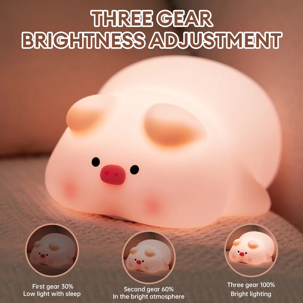 Cute Piggy Silicone LED Night Light Animal Lamp Touch Sensor Night Lamp Children Kid Bedside Decor Birthday Gift