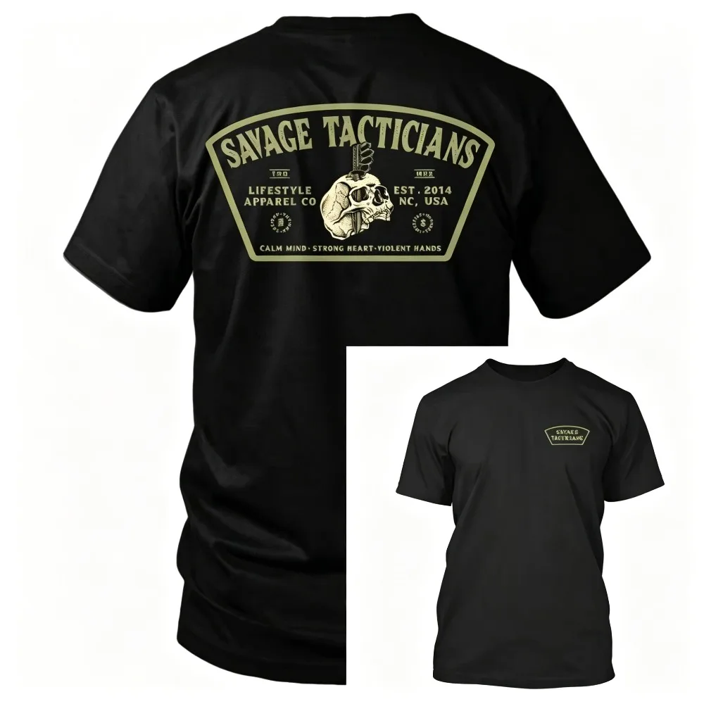 2026 New Men's American Tactical Printed Ins Tough Style Loose Retro Pure Cotton Crew Neck Short Sleeve Casual Trendy Top