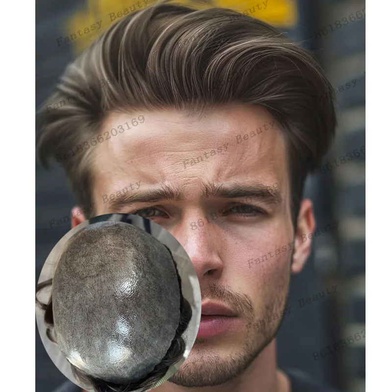 

Strong Men Silicon PU Base Toupee Super Durable 130Density Poly Skin 6Inch Long Human Hair Male Wigs Comfortable Hair System