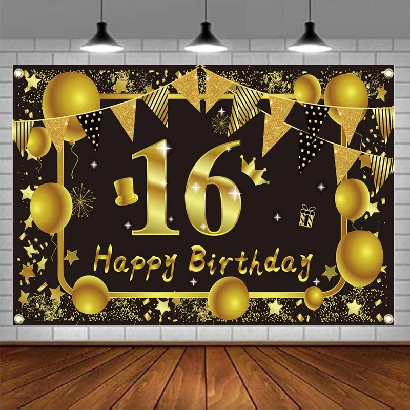 

Photography Backdrop Happy 16th Birthday Party Black Golden Shine Sign Poster For Anniversary Background Banner Decoration