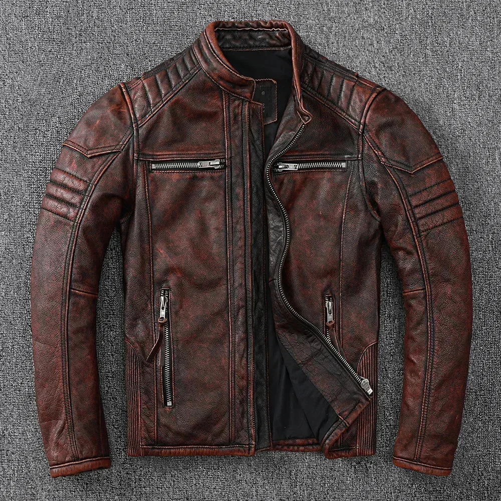 Vintage Motorcycle Jackets Men Leather Jacket 100% Genuine Cowhide Coat Male Biker Clothing Autumn Asian Size S-5XL M696