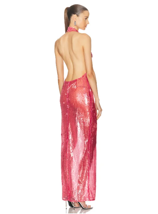 Robes de Rhde luxe pour femmes, licou sexy, col en V profond, dos nu, longueur de rinçage, paillettes scintillantes, robes de soirée de célébrité, rose