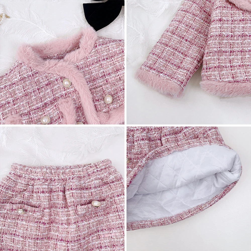 Bear Leader Winter Thickened Warm Clothing Girls Plaid Coats and Skirts 2Pcs Sets Children\'s Pearls Buttons Princess Outfits