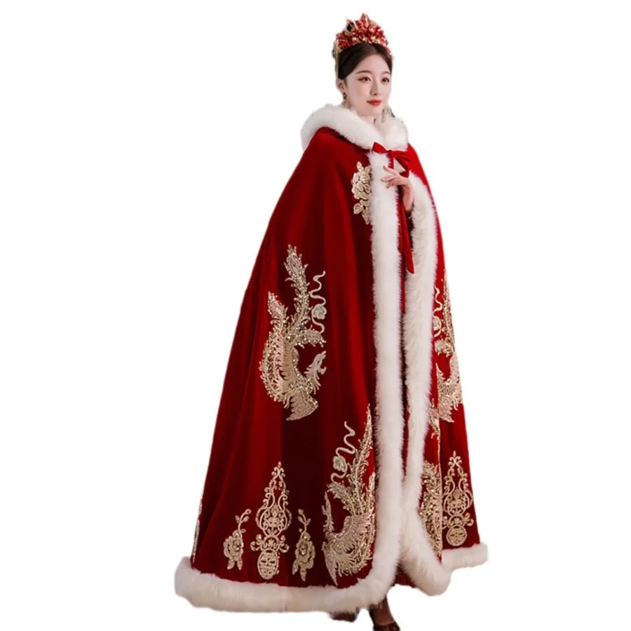 

Mingli Tengda Bridal Cloak Chinese style Wo Fu Wedding Long Hooded Cloak Winter Woolen Collar Warm Beaded Embroidered Lace Fleec