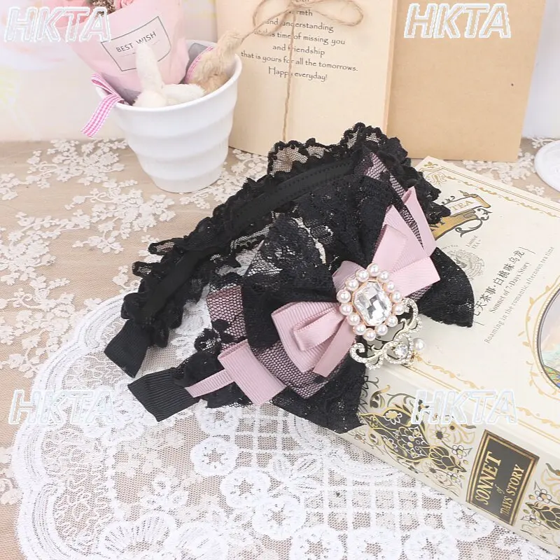 

Japanese Jirai Kei Lace Sweet Cute Lolita Headband Lace Fungus Lace Large Bows Clips Rhinestone Headwear Women Hair Accessories
