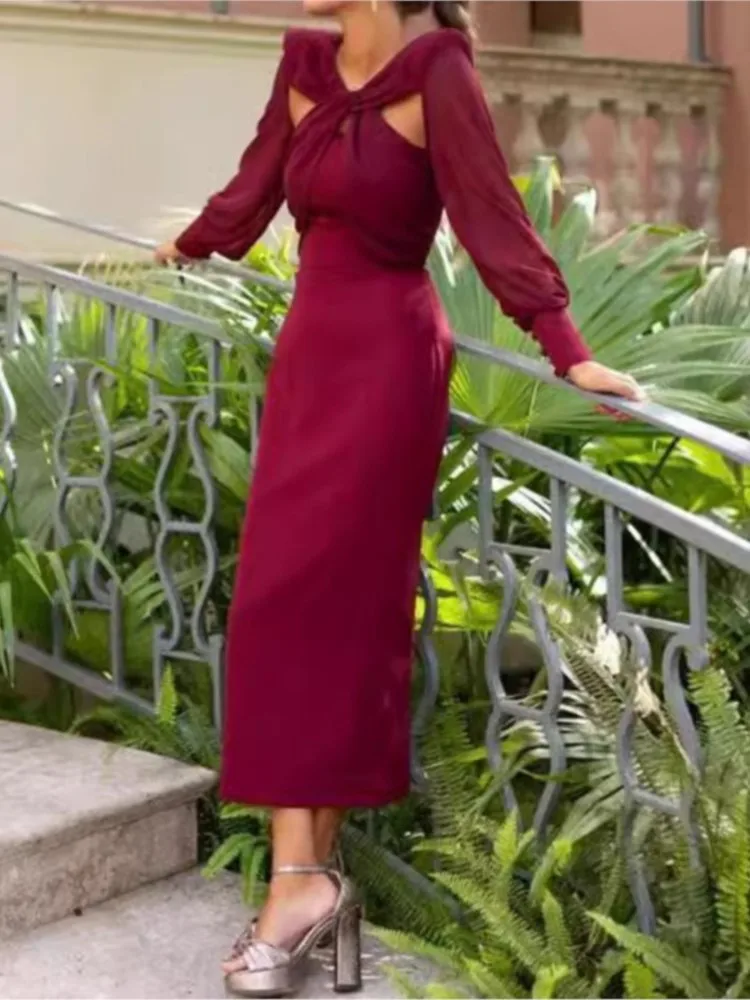 

Women's Spring Fashion Solid Color Stitching Hollow Sexy Backless Long-sleeved Slim Mid-length Dress Elegant Party Long Skirt