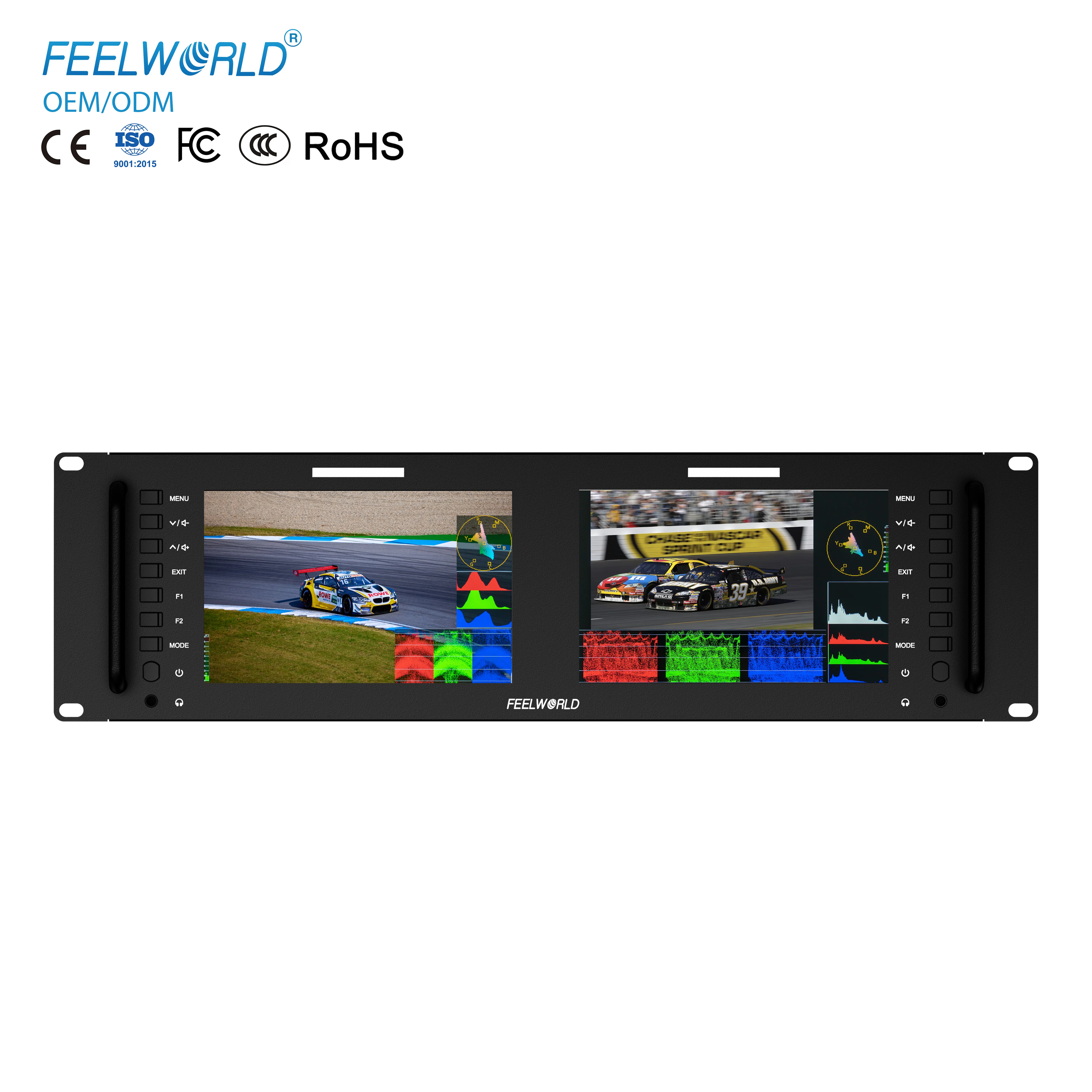 

X FEELWORLD D71 PLUS Двойной 7-дюймовый 3RU монитор для установки в стойку, HDMI SDI IPS-дисплей, прямые поставки с завода, индивидуальная упаковка с логотипом для вещания