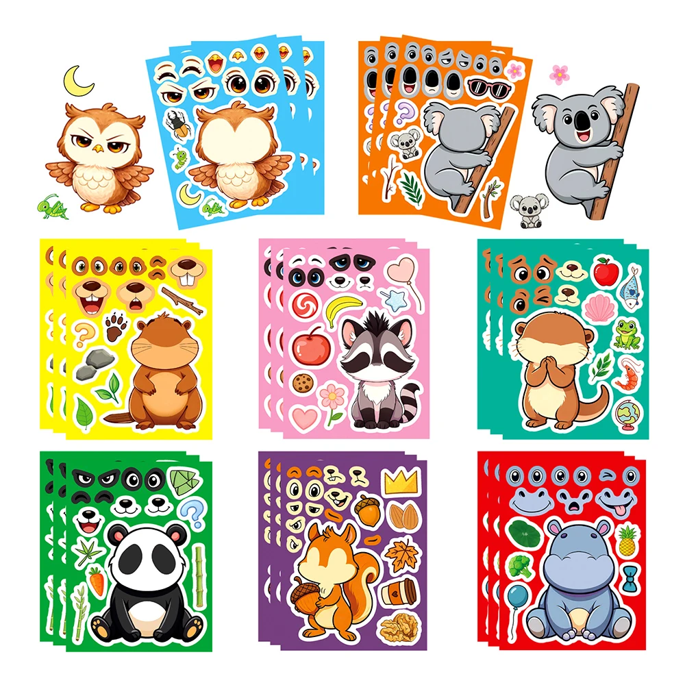 8/16sheets Funny Animal Puzzle Stickers Game Cute Owl Panda Make a Face DIY Assemble Jigsaw Cartoon Decals Party Decoration Toys