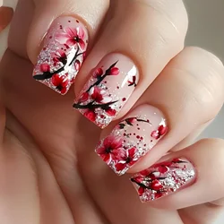 24Pcs Mini Flower Press on Nails Short Square False Nail Gradient Glitter Floral Fake Nail French Nails Press Ons Sweet Nail Art