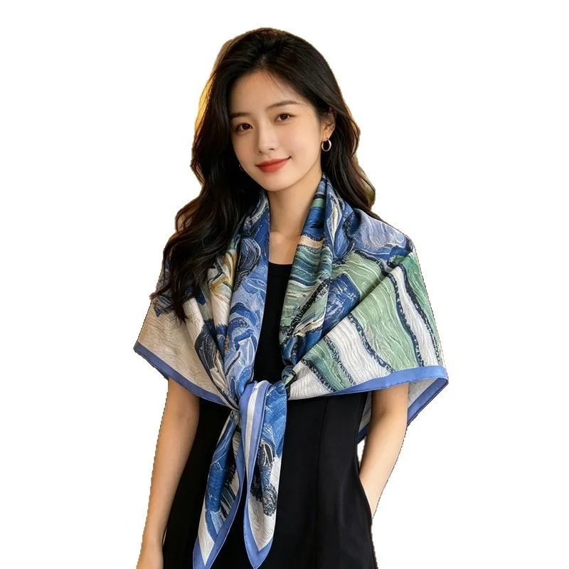 100% Mulberry Silk Square Scarf Women Artistic Iris Print 110cm Large Shawl Wrap