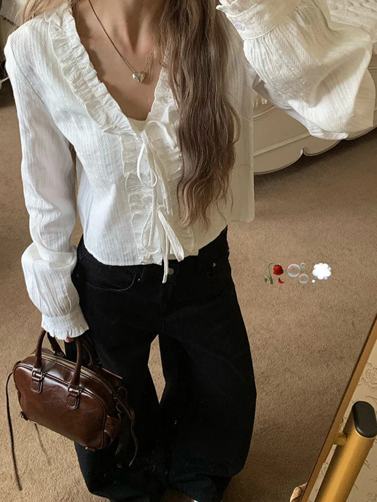 Zoki Lace Up Sweet White Shirts Women Vintage Long Sleeve Cropped Blouse Casual V Neck Female Korean Elegant Retro Tops New