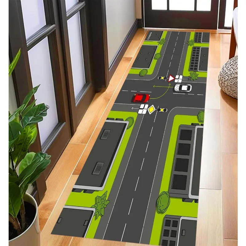 Airport Runway Runner Rug Cartoon Aviation Traffic Themed Long Hallway Carpet Soft Non-Slip Play Floor Mat
