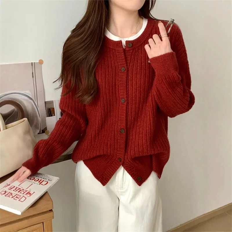 

2025Autumn Winter New Women's Sweater Korean Retro O Neck Knit Cardigan Clothing Casual Sweater Knitted Cardigans Tops
