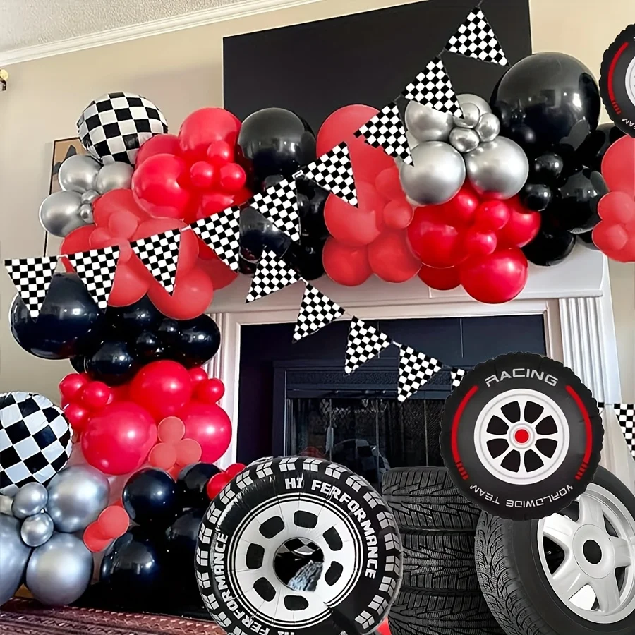 109pcs Race Car Theme Balloon Garland Arch Kit Checker Tire Red Black Latex Balloons for Birthday Party Baby Shower Decor view 5